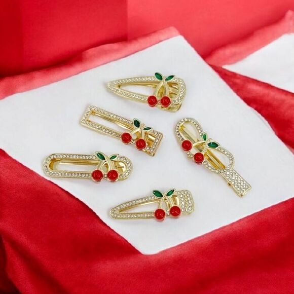Gold Cherry Hair Clips 5 Pcs. - Picture 1 of 3